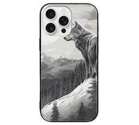 LYHVSFJW Coque de téléphone avec loup solitaire et montagne enneigée compatible avec iPhone 16/Pro, coque de protection antichoc fine en verre