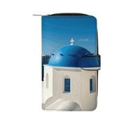 LYHVSFJW Long portefeuille en cuir pour femme et homme - Grande capacité - Avec 12 porte-cartes - Motif aquarelle pêche colorée, Santorini Île grecque vue sur la mer, 19.7x11x3.5cm, Moderne