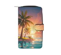 LYHVSFJW Long portefeuille en cuir pour femme et homme - Grande capacité - Avec 12 porte-cartes - Motif patte de chien, Sunrise Tropical Palm Tree Island, 19.7x11x3.5cm, Moderne