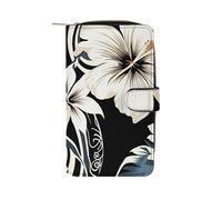 LYHVSFJW Long portefeuille en cuir pour homme et femme - Grande capacité - Avec 12 porte-cartes - Motif smiley coloré, Fleurs hawaïennes noires et blanches, 19.7x11x3.5cm, Moderne