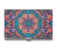 LYHVSFJW Porte-cartes de visite pour homme et femme - Style bohème psychédélique - Motif mandala - En métal - 9,4 x 5,6 x 0,8 cm, Argenté., 3.7x2.2x0.3 Inch