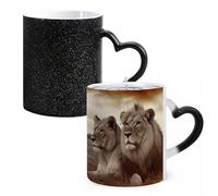 LYHVSFJW Tasse à café fantaisie - Tasse à café en céramique avec motif lion africain et lionne - Tasse à thé en verre changeant de chaleur - Tasse à thé fantaisie personnalisée de 325 ml pour boissons