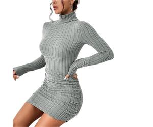 LYHYDMA Robe Pull Femme Robe Fourreau élégante à col roulé et Manches Longues for soirée, Automne-Hiver, Sexy, Mini, Moulante, Club, en Tricot(Gray,L)