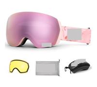 LYHYDMA Ski Goggles Men Women Anti-fog Ski Eyewear Snow Glasses Adult Snowboard Goggle with Night Yellow Lens and Case Set(Champagne pink set)