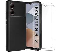 LYJERRY 1Pack de Protection ZTE Blade A34 Coque Souple Noir + 2Pcs Verre trempé pour ZTE Blade A34 Portable Antichoc Cover Housse Silicone Étui Film Protecteur