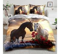 LYJKLST Filles Cheval Housse de Couette pour Chambre Ado 2 Personne 200x200 Moderne Motif Cheval Marron Blanc Parure De Lit Fleur Floral d'animaux Sauvages Impression modèle