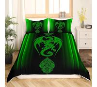 LYJKLST Housse de Couette Dragon Volant 3 Pièces 200 x 200 cm avec 2 Taies d'oreiller 65x65 cm Vert Motifs Parure de Lit 200 x 200 cm Douce Respirable Microfibre Dragon de Feu