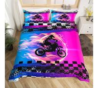 LYJKLST Housse de Couette Flame Motocross 2 Pièces 90 x 190 cm avec 1 Taies d'oreiller 65x65 cm Rouge, Bleu et Noir Motifs Parure de Lit 90 x 190 cm Douce Respirable Microfibre Course de Moto