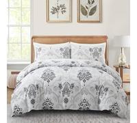 LYJKLST Housse de Couette Floral 3 Pièces 280 x 240 cm avec 2 Taies d'oreiller 65x65 cm Imprimé rétro Noir Motifs Parure de Lit 280 x 240 cm Douce Respirable Microfibre Gris