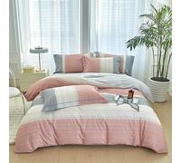 LYJKLST Housse de Couette Floral 3 Pièces 280 x 240 cm avec 2 Taies d'oreiller 65x65 cm Rayures Roses Blanches Motifs Parure de Lit 280 x 240 cm Douce Respirable Microfibre