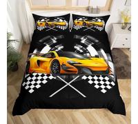 LYJKLST Housse de Couette Voiture de Sport 3 Pièces 280 x 240 cm avec 2 Taies d'oreiller 65x65 cm Jaune Motifs Parure de Lit 280 x 240 cm Douce Respirable Microfibre Voiture de Course