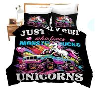 LYJKLST Housse de Couette Voiture Licorne 3 Pièces 280 x 240 cm avec 2 Taies d'oreiller 65x65 cm Voiture Graffiti Motifs Parure de Lit 280 x 240 cm Douce Respirable Microfibre Cheval
