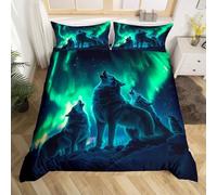 LYJKLST Loup Animal Housse de Couette pour Chambre d'enfant 1 Personne 140x200 Enfant Motif Vert Aurore boréale Parure De Lit Ciel étoilé Meute de Loups Impression modèle avec 1 Taies d'oreiller