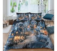 LYJSMDAAA Hiver Village Parure de Lit Microfibre résistante 3 Pièces 3D Imprimée Confortable Cozy Fairy Tale Style Linge de Lit avec Taie d'oreiller Ultra Douce for Enfant Double（200x200cm）