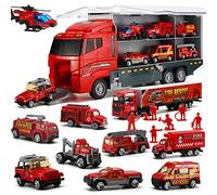 LYKJ-karber 19 en 1 Camion de Pompier avec Modèle Pompier, Mini Camion Pompier Jouet dans Véhicule de Transport, Camion de Pompiers de Secours d'urgence comme Un Cadeau de Fête de Noël pour Enfants
