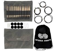 Lykke Knitting Needles Ensemble circulaire interchangeable en bois flotté de 13 cm de long en cuir synthétique gris denim avec sac de projet Artsiga Crafts