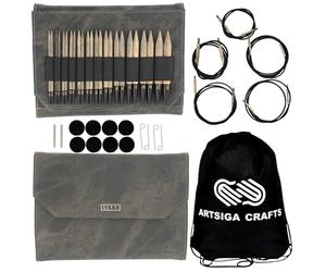 Lykke Knitting Needles Ensemble circulaire interchangeable en bois flotté de 13 cm de long en cuir synthétique gris denim avec sac de projet Artsiga Crafts