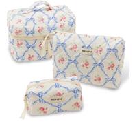 LYkotama Lot de 3 grandes trousses de maquillage de voyage pour femme, trousse de maquillage à motif floral, trousse de toilette matelassée en coton, trousse d'urgence pour fille, bleu, Simplicité