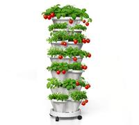 Lykvrii Jardinière de Fraises à 7 Niveaux verticaux empilables, pour Herbes aromatiques, Pots de Fleurs et légumes avec Poteau de Support pour intérieur et extérieur avec Roues Amovibles - Blanc