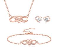 LYL.Adorer Parure de bijoux pour femme : Collier, Bracelet & Boucles d‘Oreilles Cœur Infini,Plaqué Or Blanc ou Rose, Cadeau Parfait pour Noël, Saint-Valentin & Fête des Mères