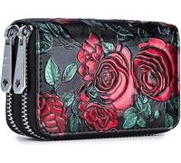 LYLXSF Porte-Carte WOM Split Cuir Double Zipper Case Grande capacité 3D Fleur Flower Imprimée Porte-Parole , Fonction de Balayage Anti-RF Multi-Cartes, Le Meilleur Choix , Rose Rouge