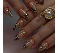 LYMCY Lot de 24 faux ongles à presser français 3D pour femme Motif lune soleil et lune