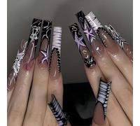 LYMCY Lot de 24 faux ongles longs à rayures avec nœud noir