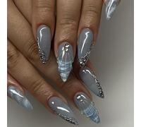 LYMCY Lot de 24 faux ongles press on français - Lignes irrégulières 3D - Ombre bleu - Pour femmes et filles