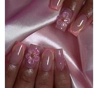 LYMCY Lot de 24 faux ongles press on français - Rayés 3D - Fleurs de glace et haricots dorés - Pour femmes et filles