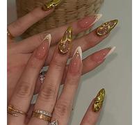 LYMCY Lot de 24 faux ongles press on - Motif explosion d'étoiles 3D - Ongles français - Irréguliers - Doré rose - Paillettes - Pour femmes et filles