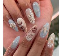 LYMCY Press-on Lot de 24 faux ongles 3D style océan, étoile de mer, coquillage, pour femmes et filles