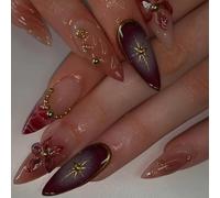 LYMCY Press-on Lot de 24 faux ongles courts en forme d'amande avec fleurs, perles et strass pour femmes et filles