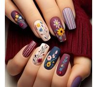 LYMCY Press-On Lot de 24 faux ongles français vintage givrés fleurs rayées pour femmes et filles