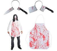 LYNBLY Déguisement Boucher Halloween, Tablier Sanglant Costume avec Serre-Tête et Couteau, pour Carnaval, Fête Mascarade et Jeu de Rôle