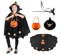 LYNBLY Deguisement Halloween Fille, Cape de Sorcière Enfant, Cape Chauve Souris Enfant avec chapeau, Baguette Magique et Sac Citrouille, pour Halloween Masquerade Jeu de Rôle, pour Hauteur 90-150cm
