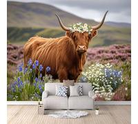 LYNNB Bœuf Papier Peint 3D Vache Brune, Lavande, Marguerite Papier Peint Panoramique Pour Salon Chambre Décoration Murale, Intissé Murale Restaurant Couloir TV Fond Mural 150×105cm (L x H)