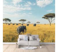 LYNNB éléphant Papier Peint 3D Animaux Des Prairies Africaines Papier Peint Panoramique Pour Salon Chambre Décoration Murale, Intissé Murale Restaurant Couloir TV Fond Mural 150×105cm (L x H)