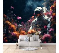 LYNNB Papier Peint Panoramique 3D Astronaute Papier Peint Murale Fleurs Colorées, Astronautes Poster Tableaux Muraux, Photo Mural Salon Chambre TV Mur de fond Décoration 300 × 210 cm (L x H)