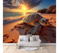 LYNNB Papier Peint Panoramique 3D Tortue De Mer Papier Peint Murale Animaux De Sunset Beach Poster Tableaux Muraux, Photo Mural Salon Chambre TV Mur de fond Décor 300 × 210 cm (L x H)