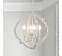 LynPon Lustre en Bois Blanc à 4 Lumières Lampe Suspendue Rustique Française Antique Classique pour salle à manger, entrée, chambre à coucher, salon, cuisine