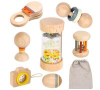 LYOKELC Hochet bébé en bois, bâton de pluie, coffret naissance, 7 jouets | Dès 0 mois, 7 jouets d’éveil en bois avec balle de préhension, kaléidoscope et sac, pour la maison ou la sortie.