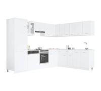 Lyon Lot de 14 armoires de cuisine en panneaux de particules et verre Blanc | 14 modules coordonnés, vitrine en verre, armoires diverses, colonne de réfrigérateur, fixation murale, nettoyage facile