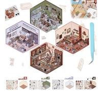 Lyoveu 4 Set DIY 3D House Stickers,3D House Sticker Set,Sticker 3D House for Kids,3D Sticker Scenes Book,Fun DIY Stickers Scene Make Your Own Supermarket/Coffee Shop/Restaurant/Bookstore Adult Kids