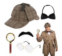 LYPPUL 5 Pièces Accessoires de Costume de Détective, Accessoires de Détective, Sherlock Holmes Cosplay Accessoires avec Chapeau de Détective Lunettes Fausse Moustache Loupe pour Carnaval, Cosplay