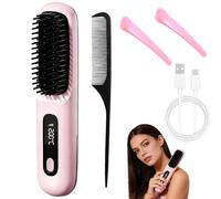 LYPPUL Cepillo Alisador de Pelo Inalámbrico, 160-200 ℃ Cepillo Alisador Pelo, Mini cepillos alisadors Portátil, Pantalla LCD con 3 Temperaturas, Calentamiento Rápido, Elimina El Encrespamiento (Rosa)