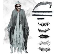 LYPPUL Déguisement Halloween Faucheuse, Déguisement Faucheur Halloween Longueur 155 cm, déguisement Faucheur Homme avec Faucille & Autocollants de Tatouage Effrayants pour halloween, Carnaval Cosplay