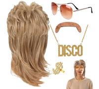 LYPPUL Perruque Mulet, Perruque Homme, Mulet Homme Perruque avec Lunettes de Soleil, Collier, bague, fausse barbe, Perruque rockpour Soirée Déguisée Carnaval Cosplay Halloween