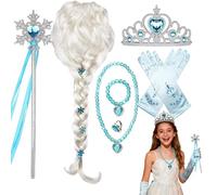 LYPPUL Princesse Perruque, Princesse Dress Up Accessoires, Perruque Blonde Longue Tresse pour costume de princesse, Gants Diadème Baguette Magique Collier pour Fête d'anniversaire Carnaval