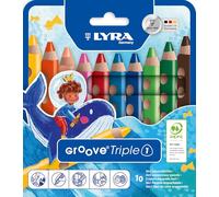 Lyra Groove Lot de 10 crayons de couleur en bois LYRA Groove Triple One 3 en 1, triangulaires, épais, laqués, mine de 10 mm, étui en carton, 10 couleurs assorties