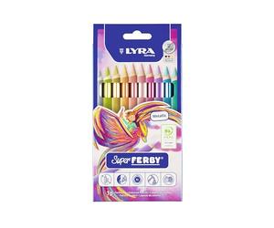 LYRA Super Ferby Metallic Lot de 10 crayons de couleur en bois, triangulaires, épais, laqués, mine de 6,3 mm, étui en carton, couleurs métalliques assorties